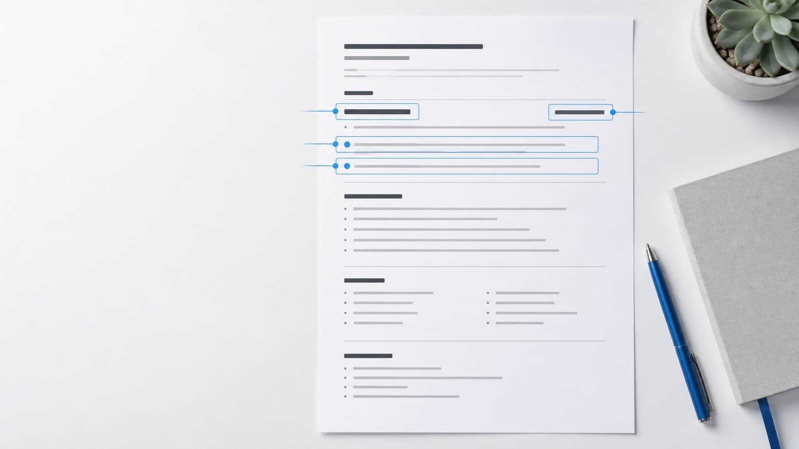Anonymous resume with blue focus markers highlighting the latest role, dates, and first achievement bullets