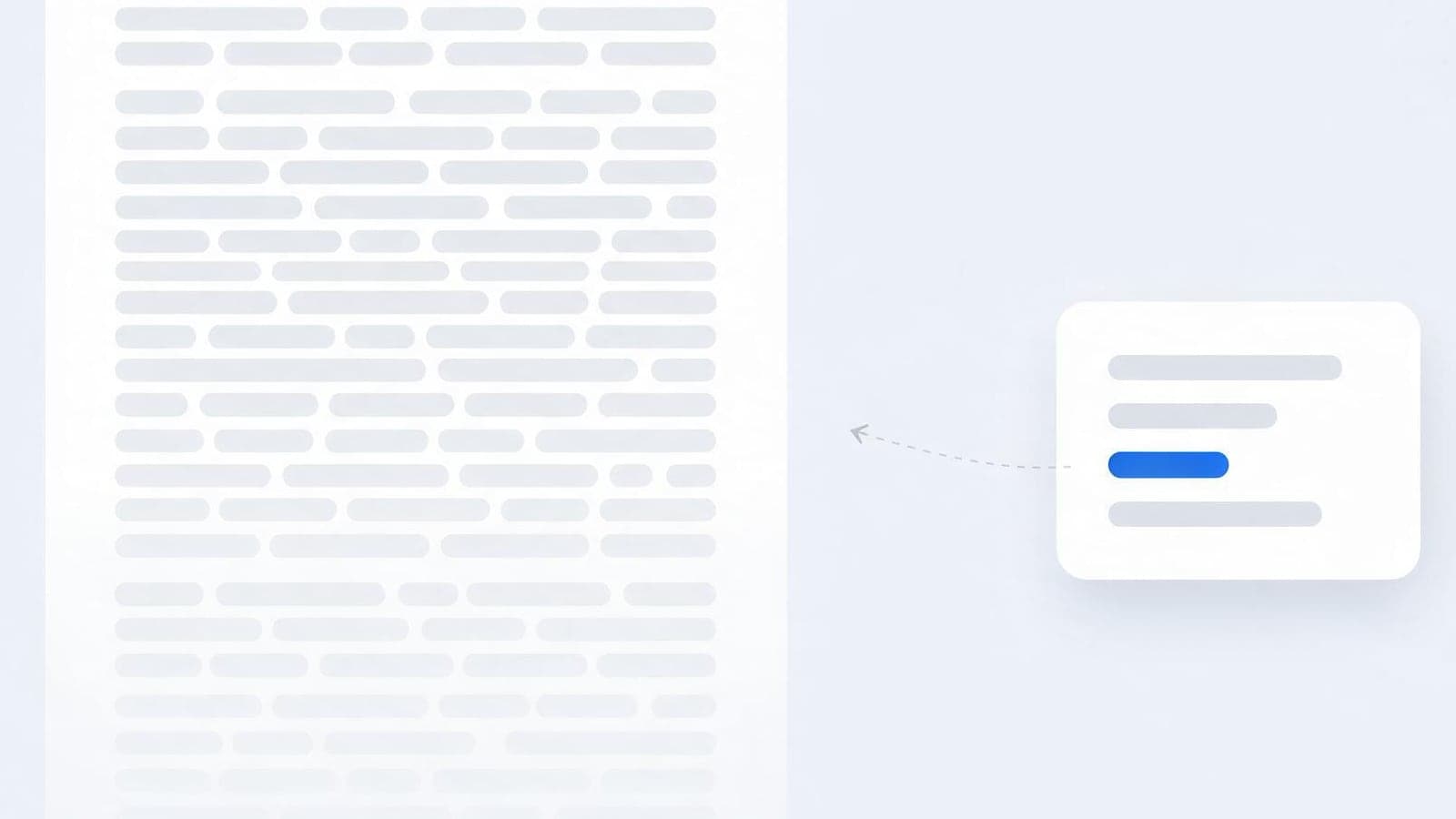 Illustration of a long list of grey items beside a single job posting card with one item marked in blue