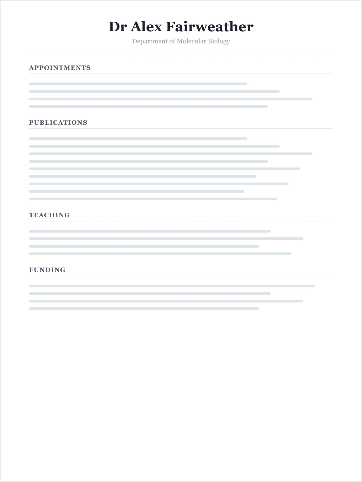Structure of the Academic resume template: a single column
