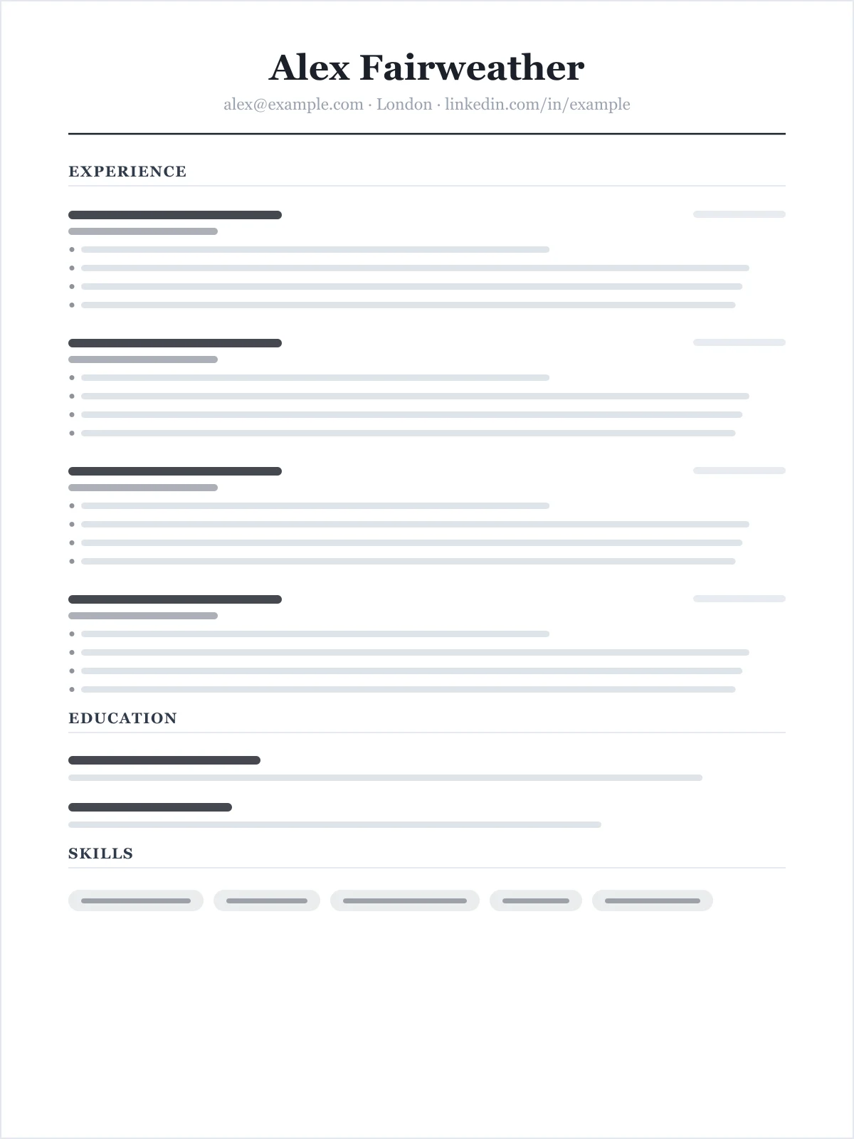 Structure of the Classic resume template: a single column