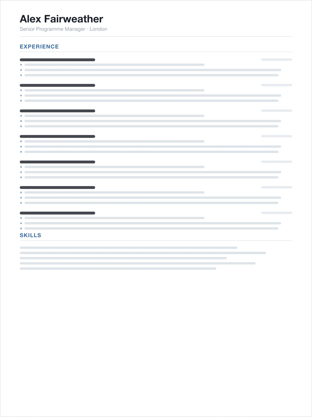 Structure of the Compact resume template: a single column