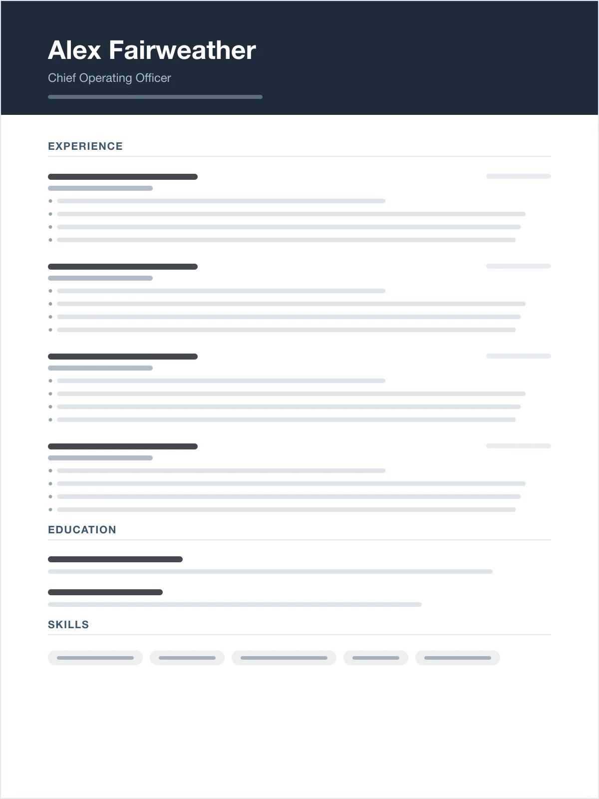 Structure of the Executive resume template: a single column