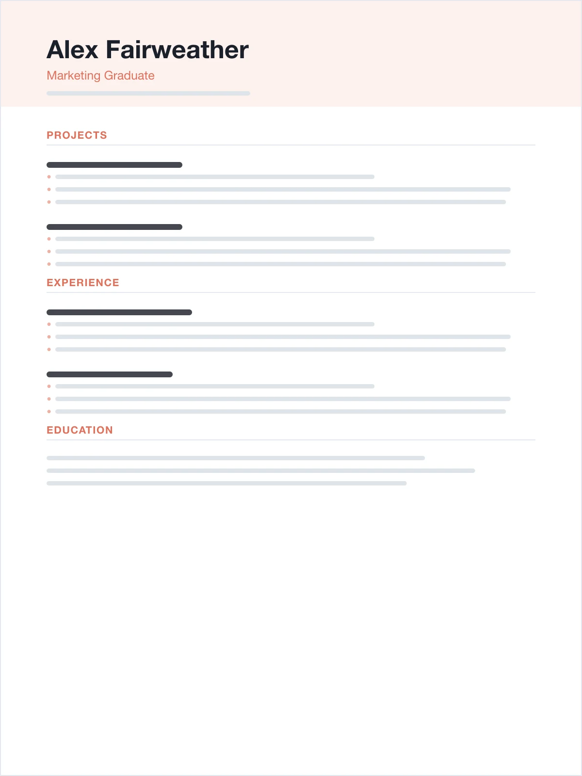 Structure of the Fresh resume template: a single column