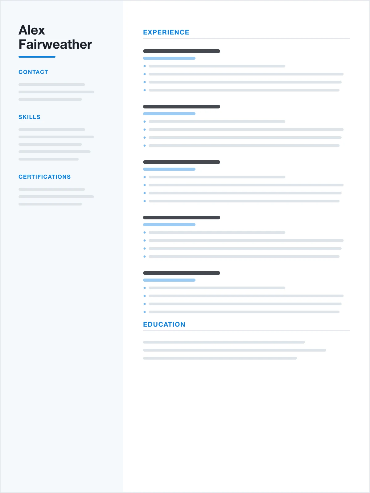 Structure of the Modern resume template: two columns with a sidebar