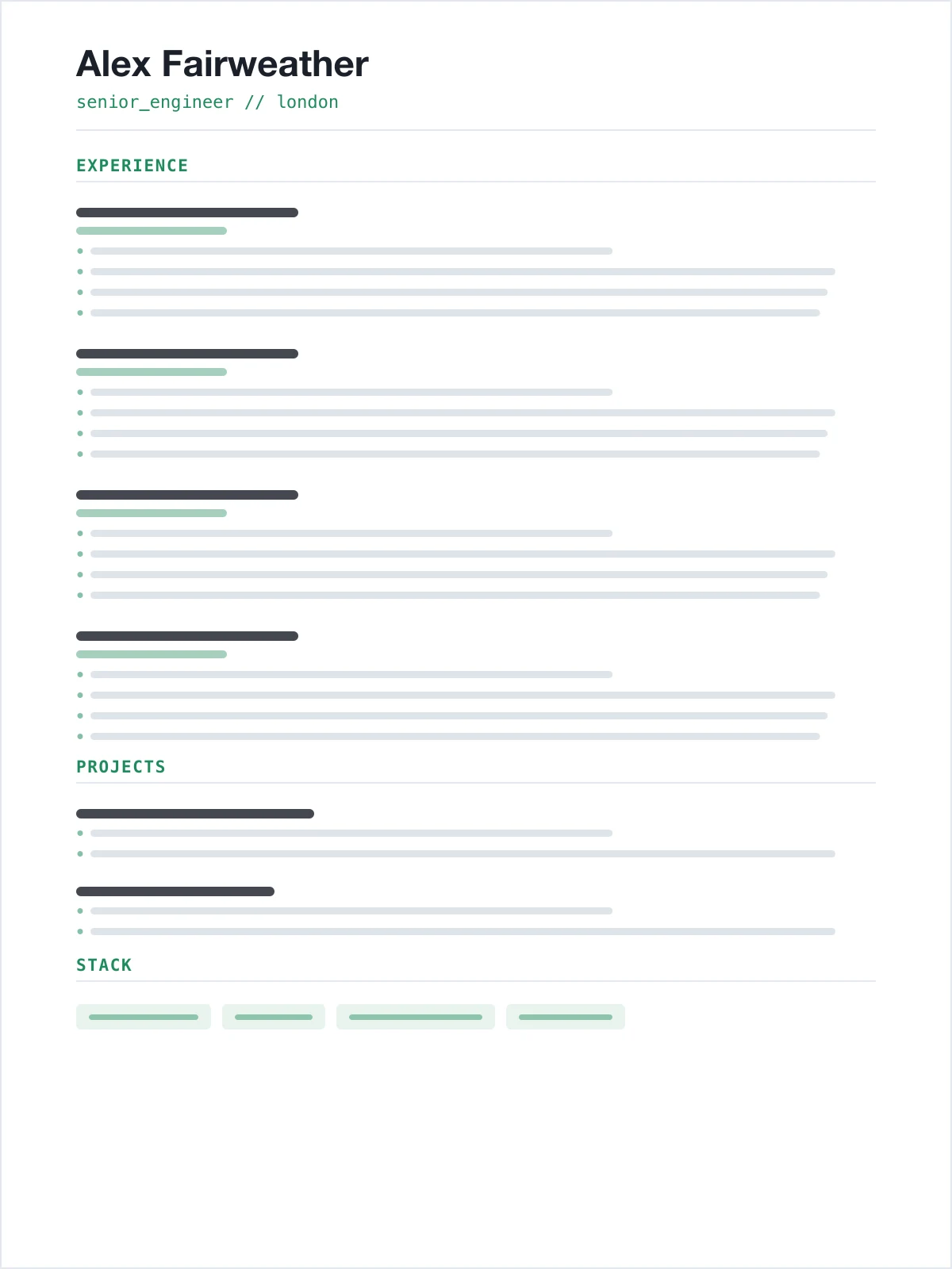 Structure of the Tech resume template: a single column